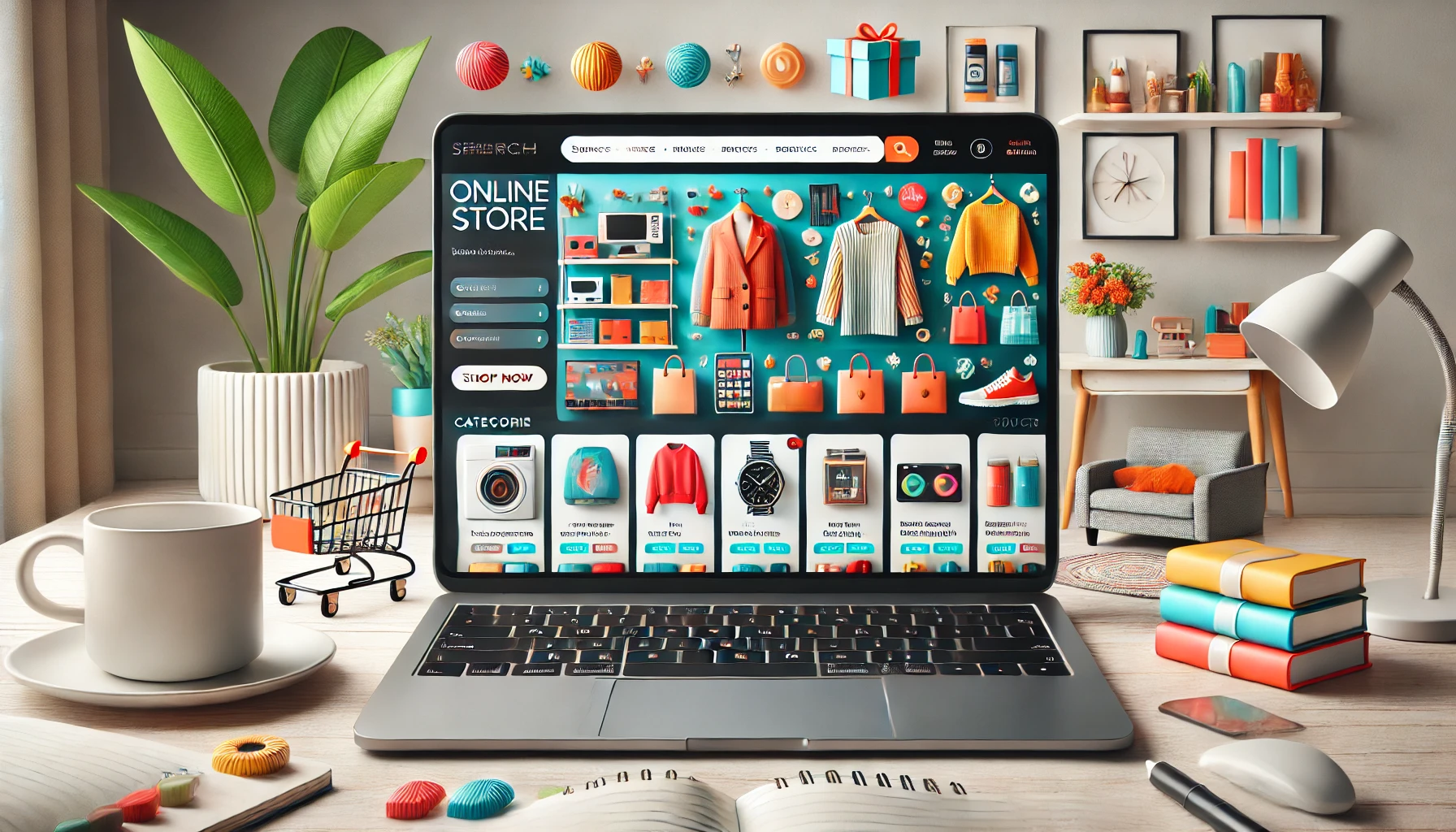 DALL·E 2024-12-25 15.34.41 - A modern and vibrant online store interface displayed on a laptop screen, showcasing a variety of products including electronics, clothing, home decor